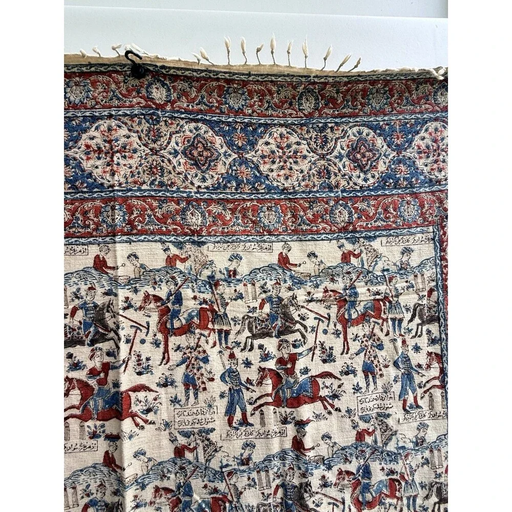 Antique Persian Fringed Cloth Tapestry Qajar Hunting & Polo Scene 52 X 52